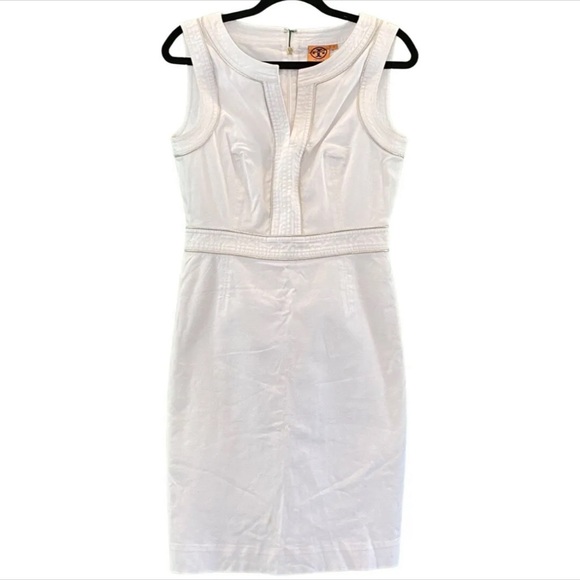 Tory Burch Zoie Sleeveless V-Inset Neck White Cotton Gold Piped Dress Size Sz 6 - Picture 5 of 7
